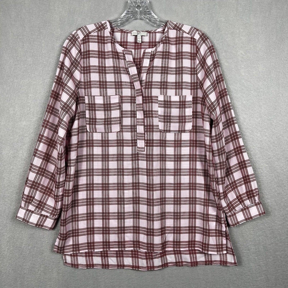 Joie Popover Blouse XS Pink Red Check Long Sleeve Button Up Oversized